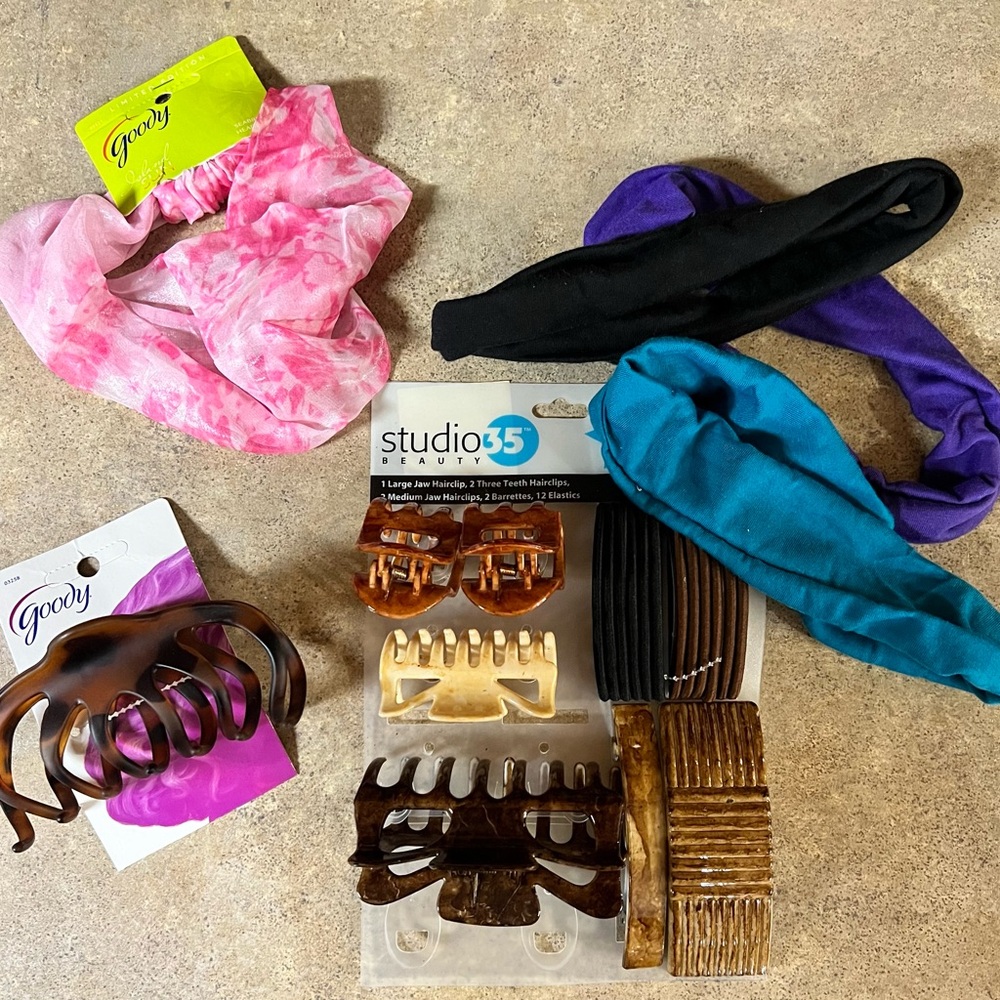 Hair accessories.  4 handbags, clips, barrettes, elastics.  New